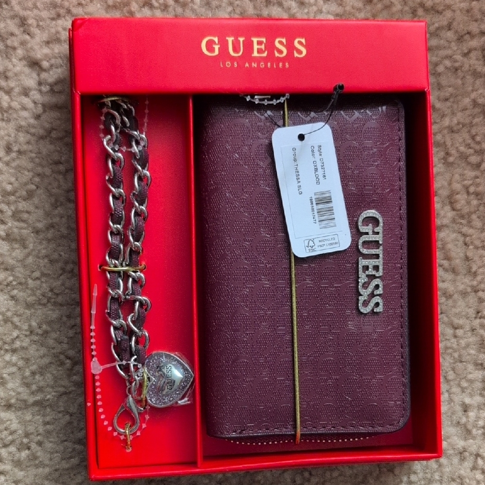 Guess Burgundy and Silver Wallet Set